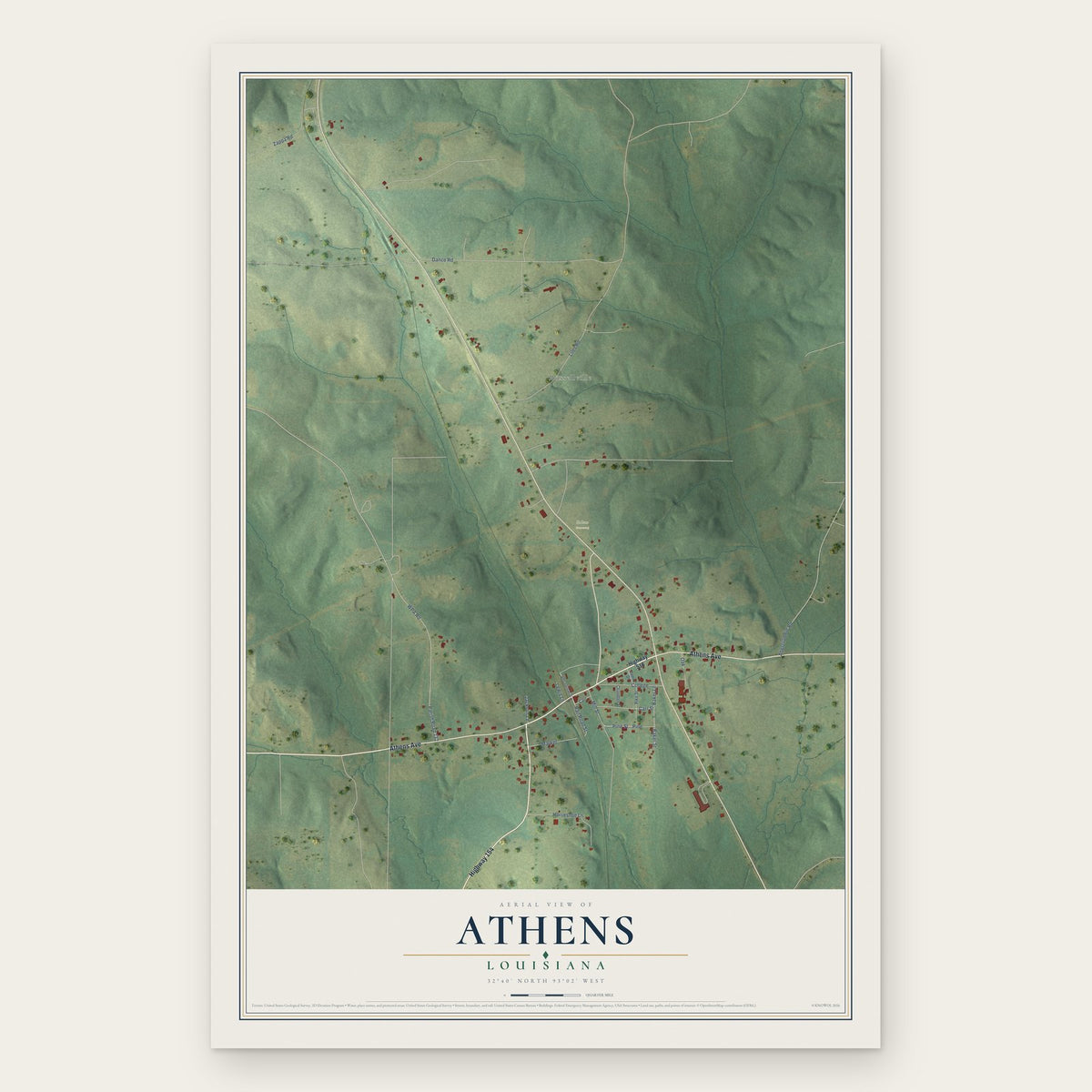 Athens, Louisiana map print, the full design