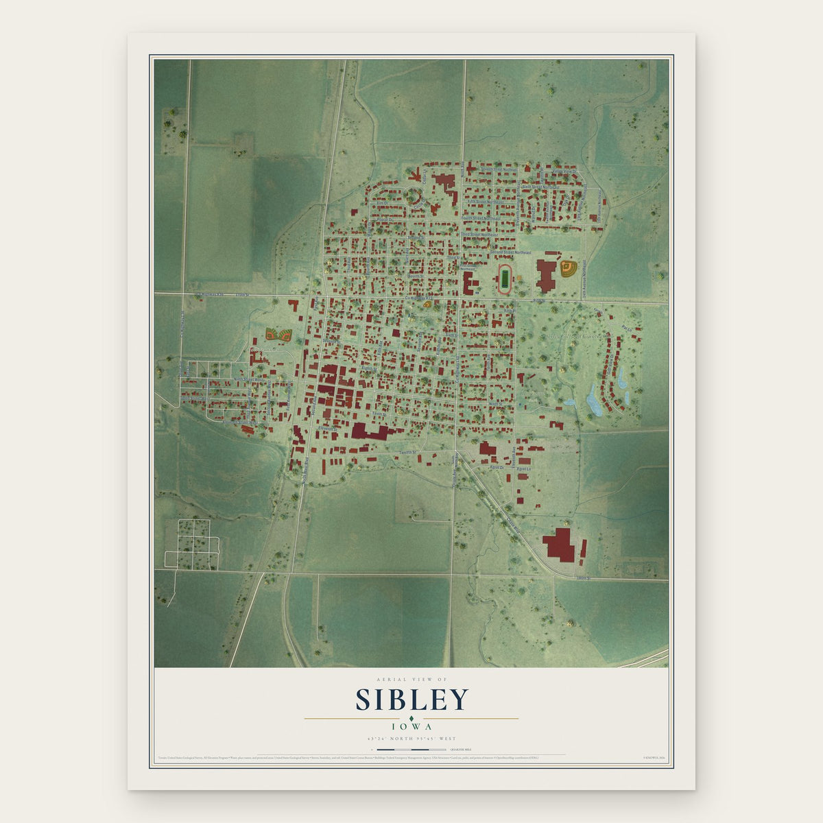 Sibley, Iowa map print, the full design
