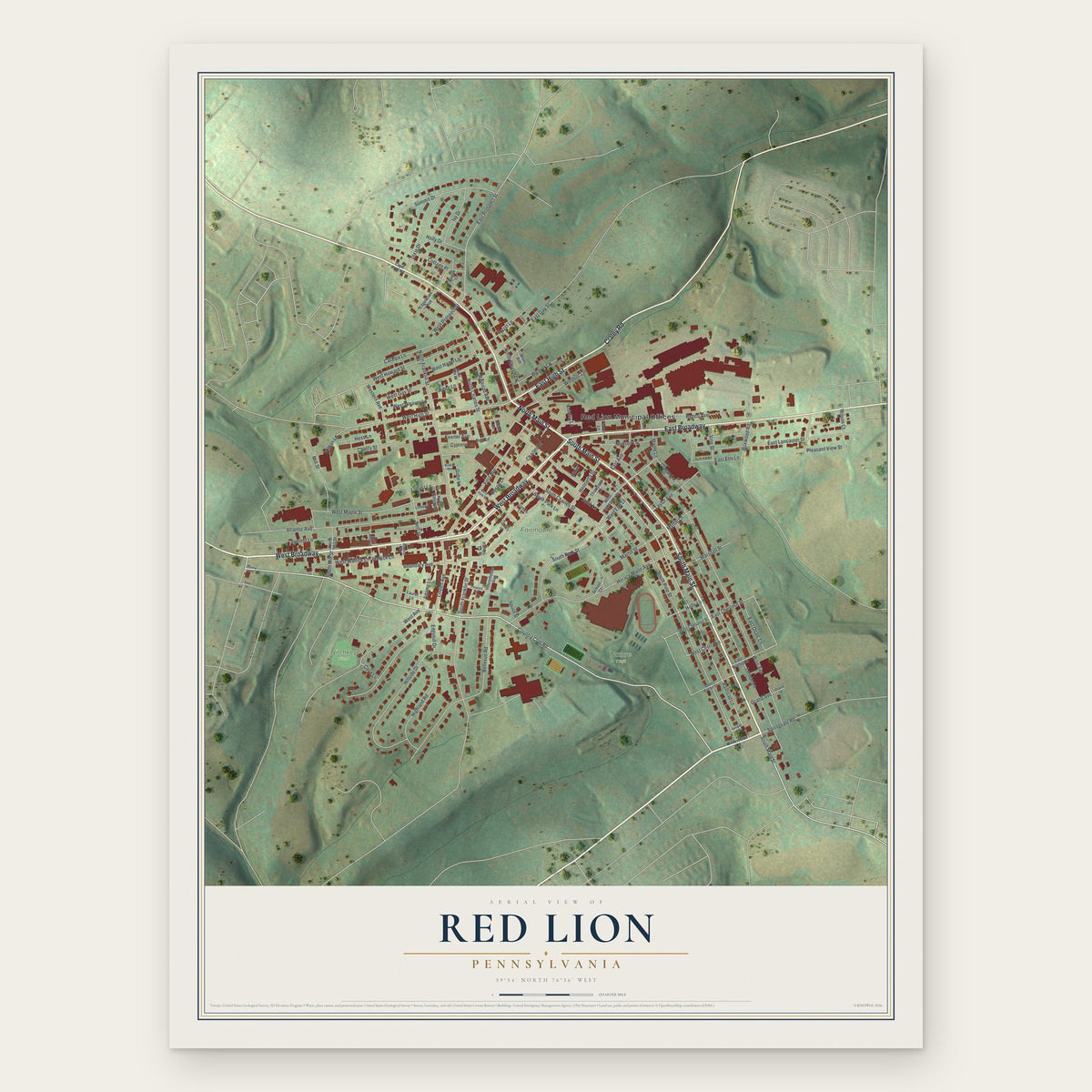 Red Lion, Pennsylvania map print, the full design