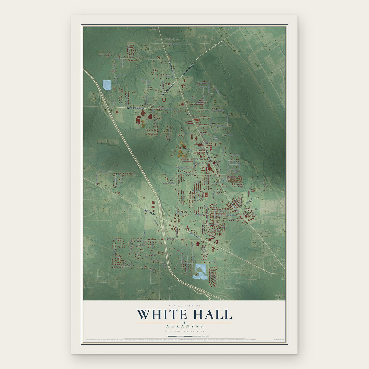 White Hall, Arkansas map print, the full design