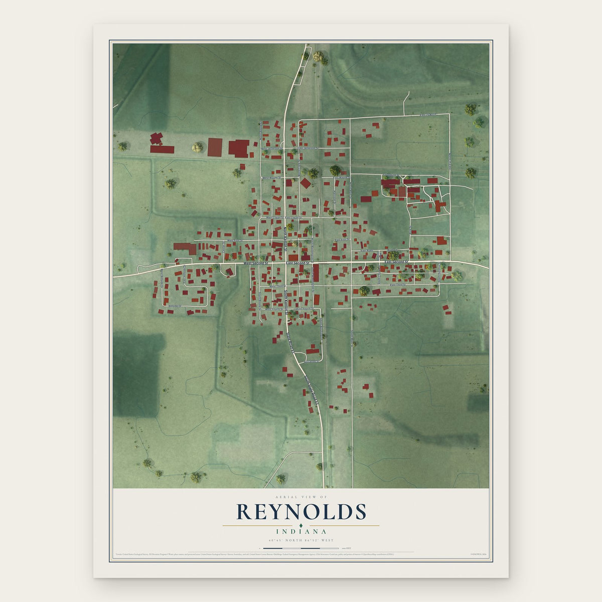 Reynolds, Indiana map print, the full design