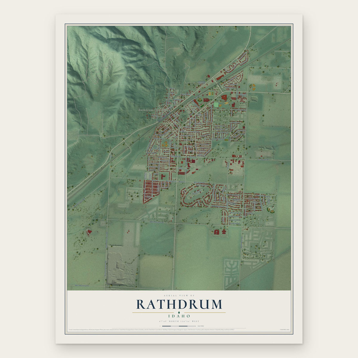 Rathdrum, Idaho map print, the full design