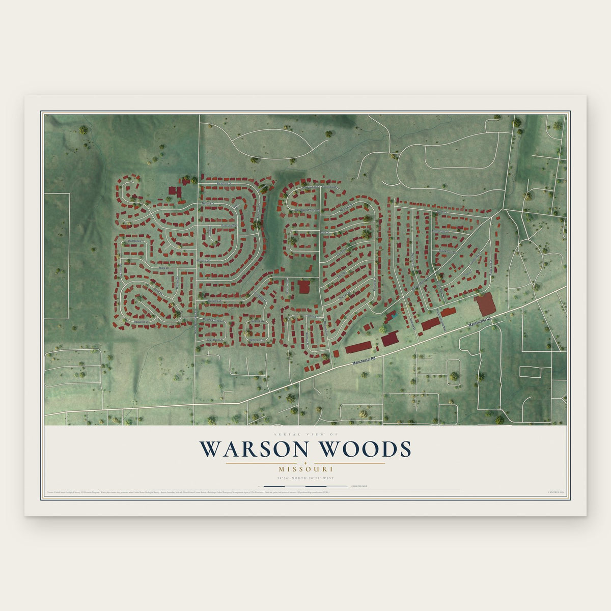 Warson Woods, Missouri map print, the full design