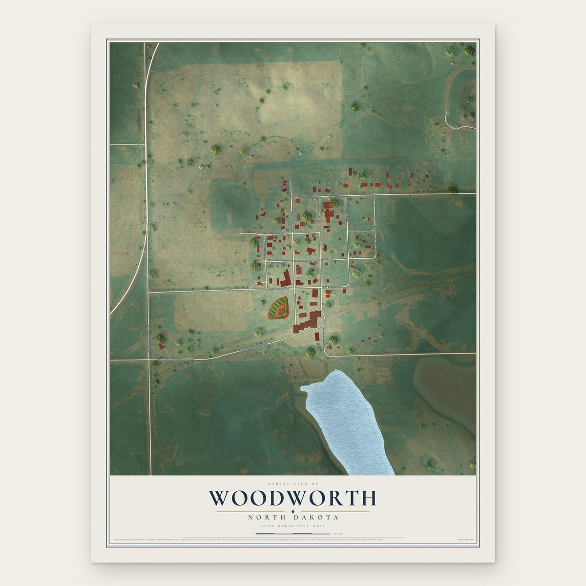 Woodworth, North Dakota map print, the full design