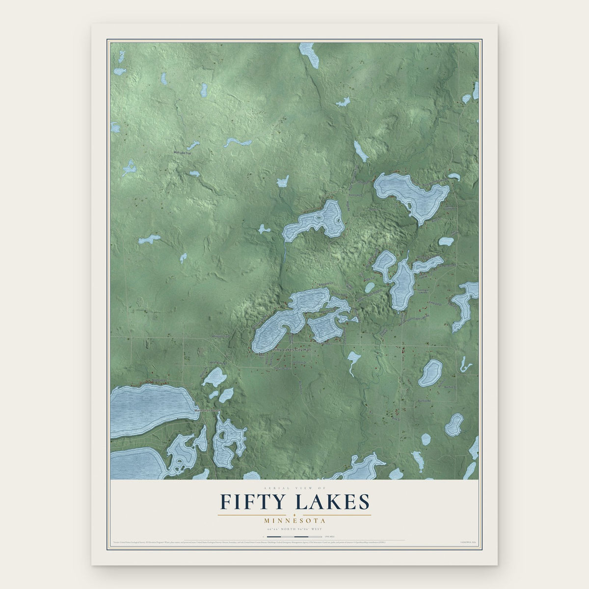Fifty Lakes, Minnesota map print, the full design