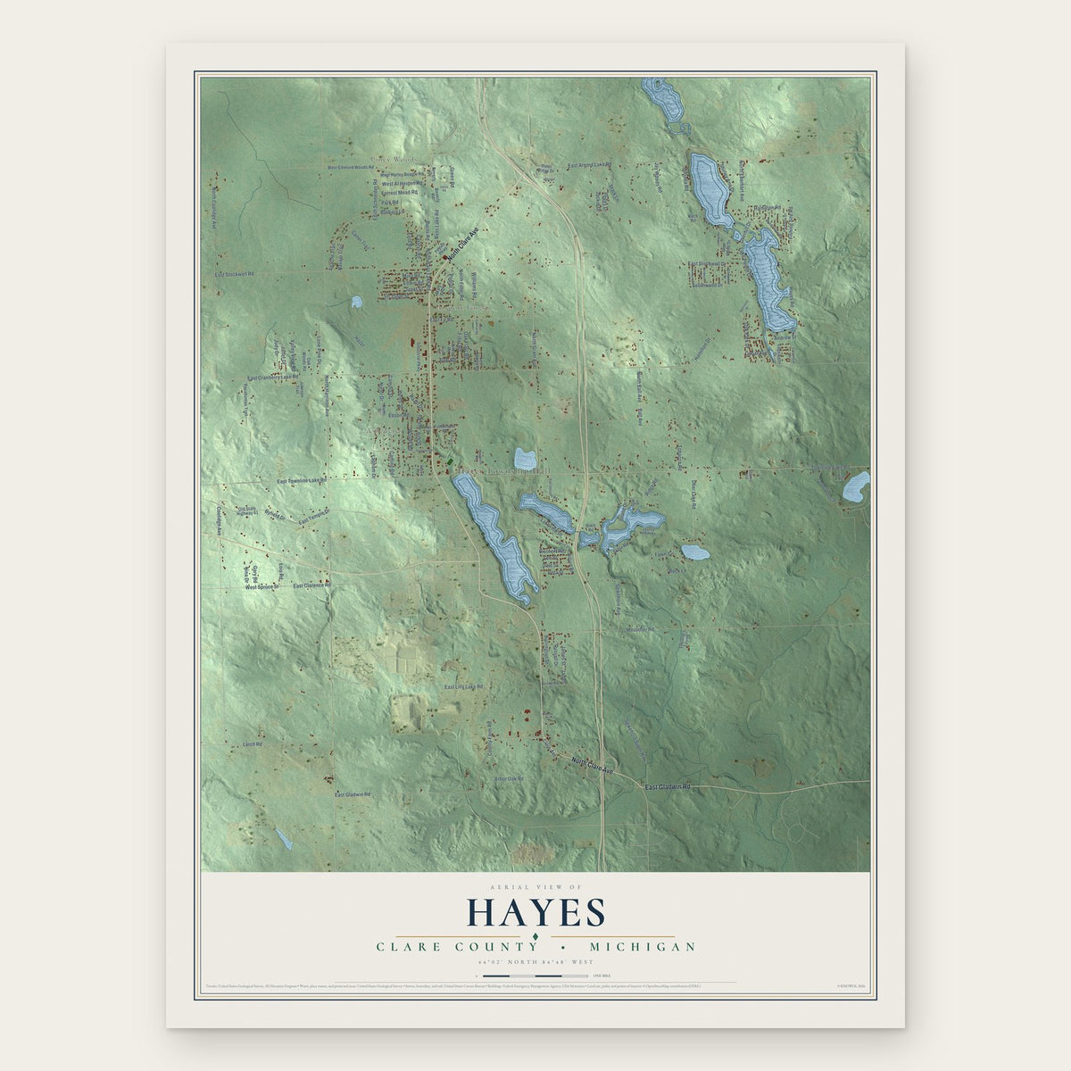 Hayes, Clare County, Michigan map print, the full design