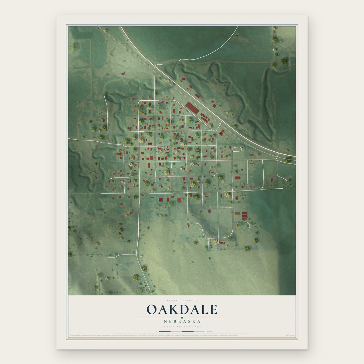 Oakdale, Nebraska map print, the full design