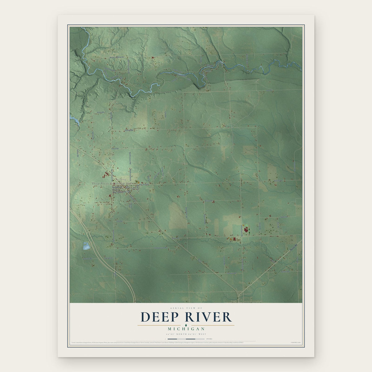 Deep River, Michigan map print, the full design
