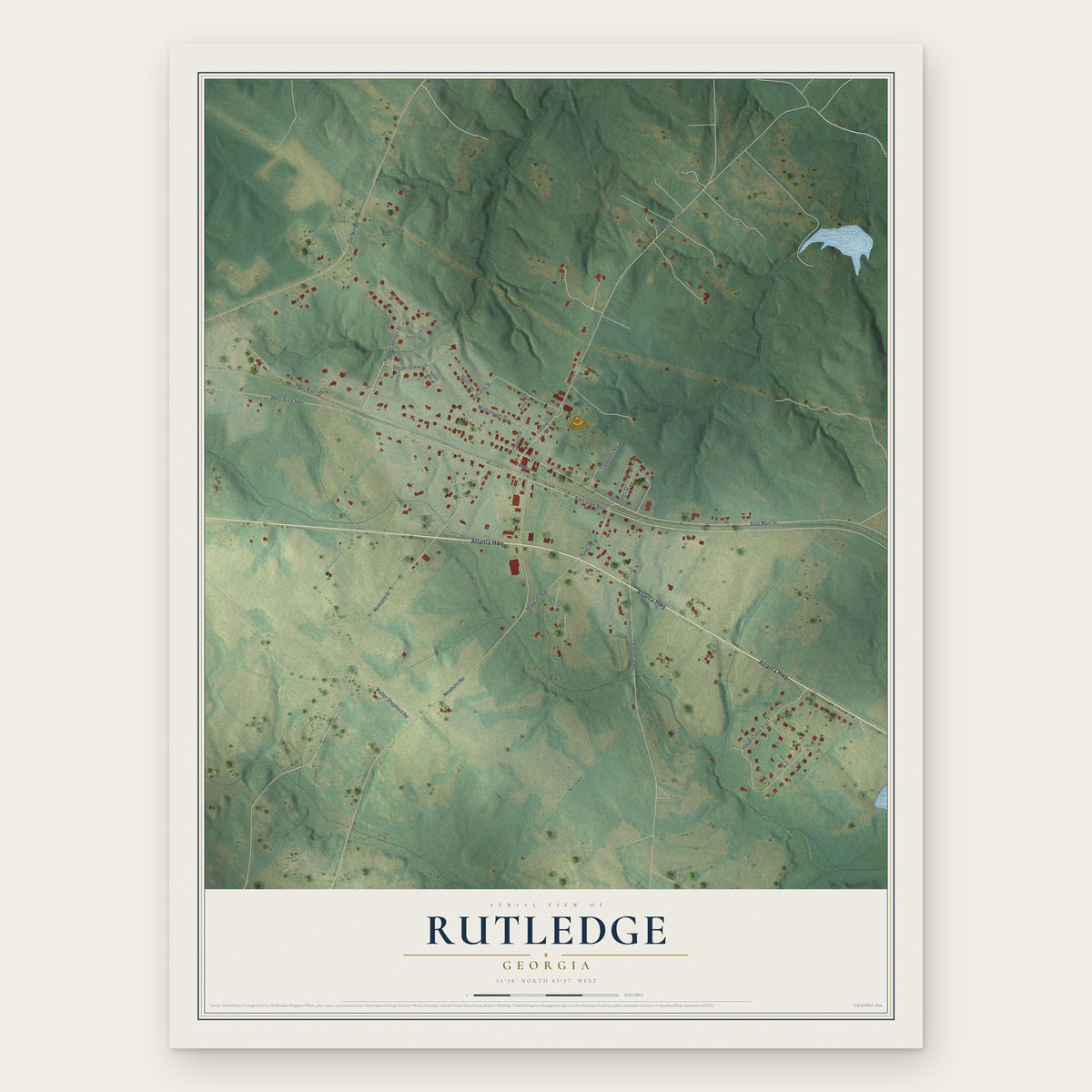 Rutledge, Georgia map print, the full design