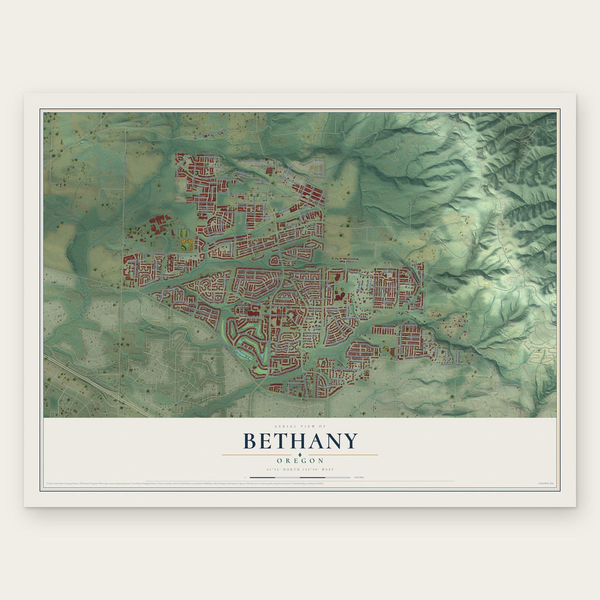 Bethany, Oregon map print, the full design