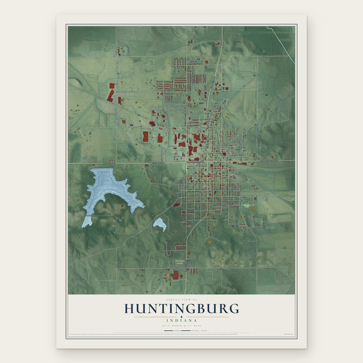 Huntingburg, Indiana map print, the full design
