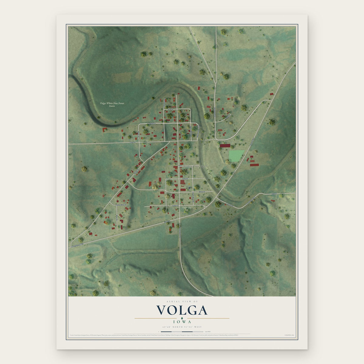 Volga, Iowa map print, the full design