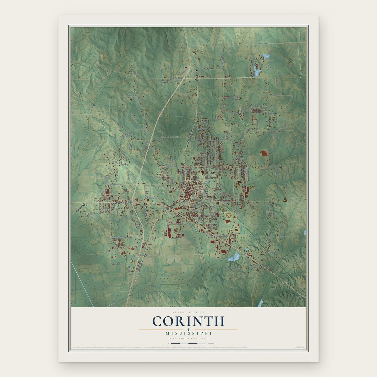 Corinth, Mississippi map print, the full design