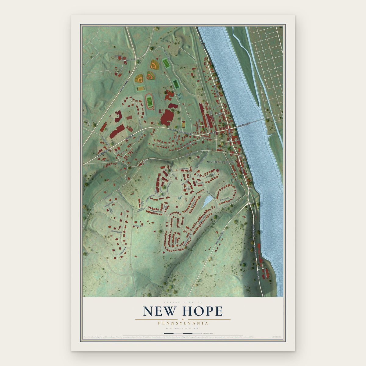 New Hope, Pennsylvania map print, the full design