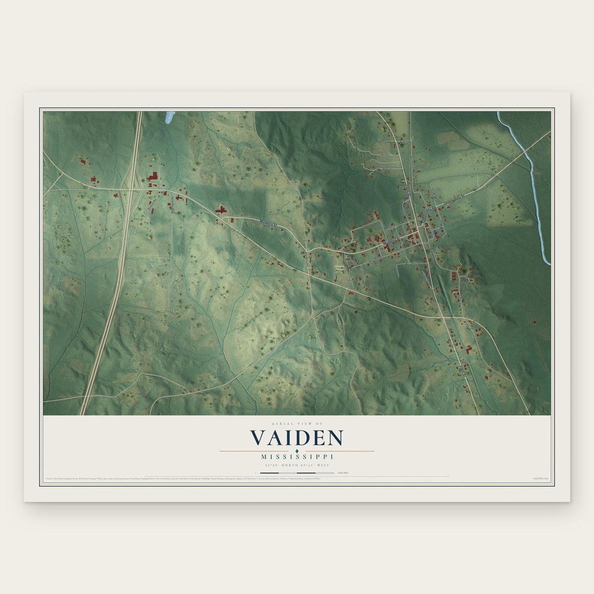 Vaiden, Mississippi map print, the full design