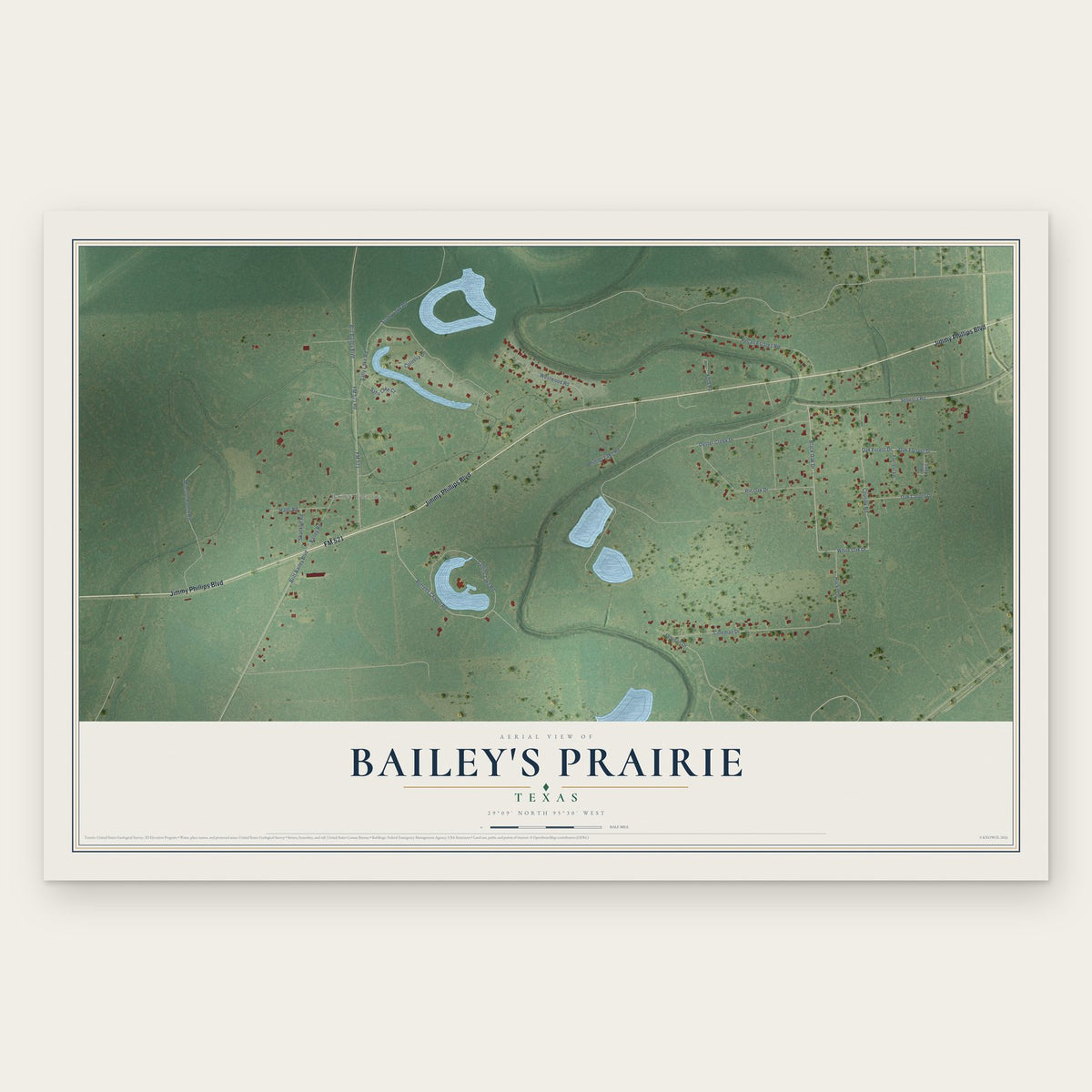 Bailey's Prairie, Texas map print, the full design