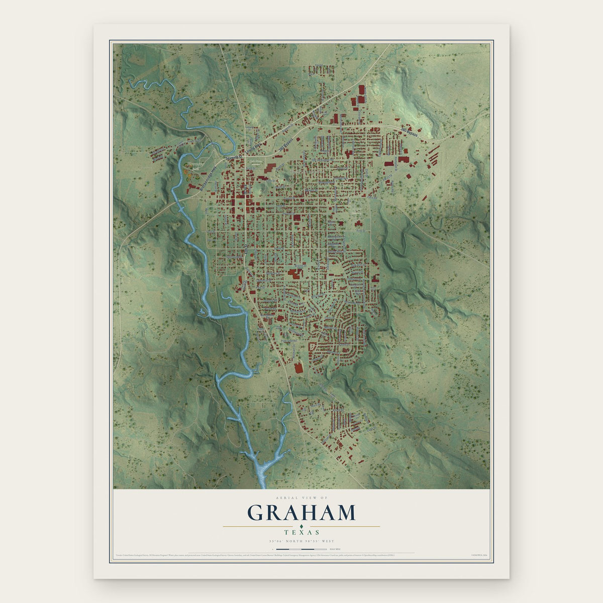 Graham, Texas map print, the full design