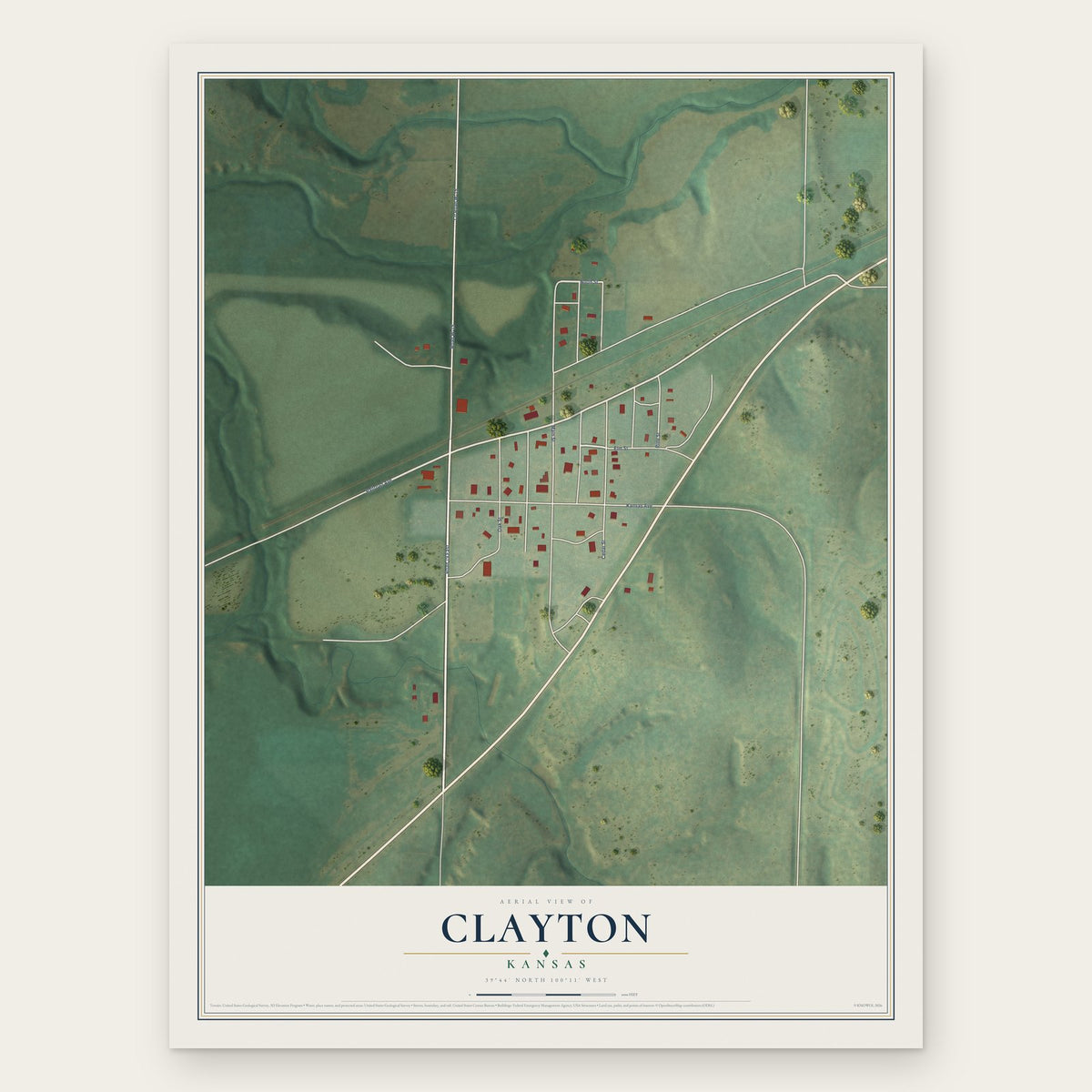 Clayton, Kansas map print, the full design