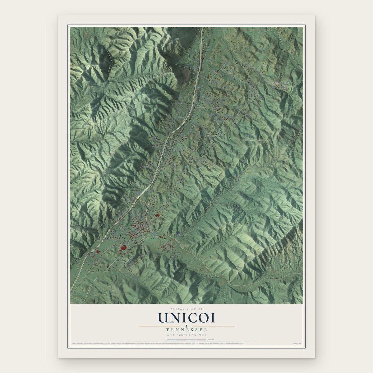 Unicoi, Tennessee map print, the full design