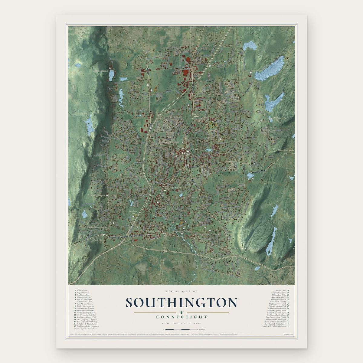 Southington, Connecticut map print, the full design