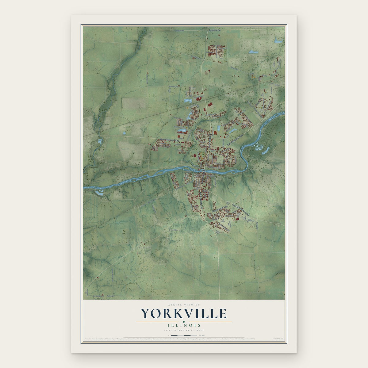 Yorkville, Illinois map print, the full design