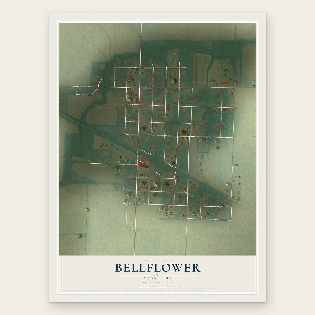Bellflower, Missouri map print, the full design