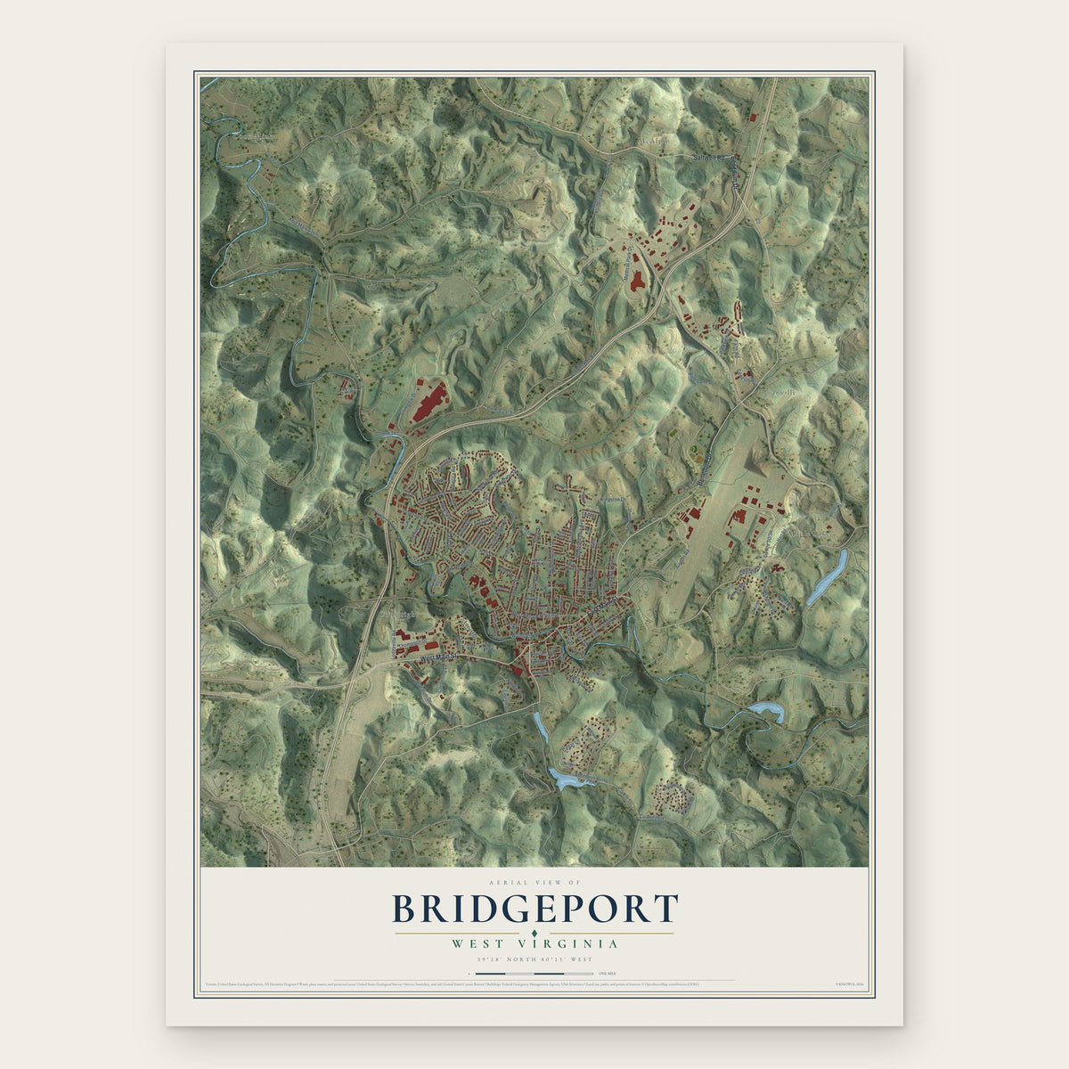 Bridgeport, West Virginia map print, the full design