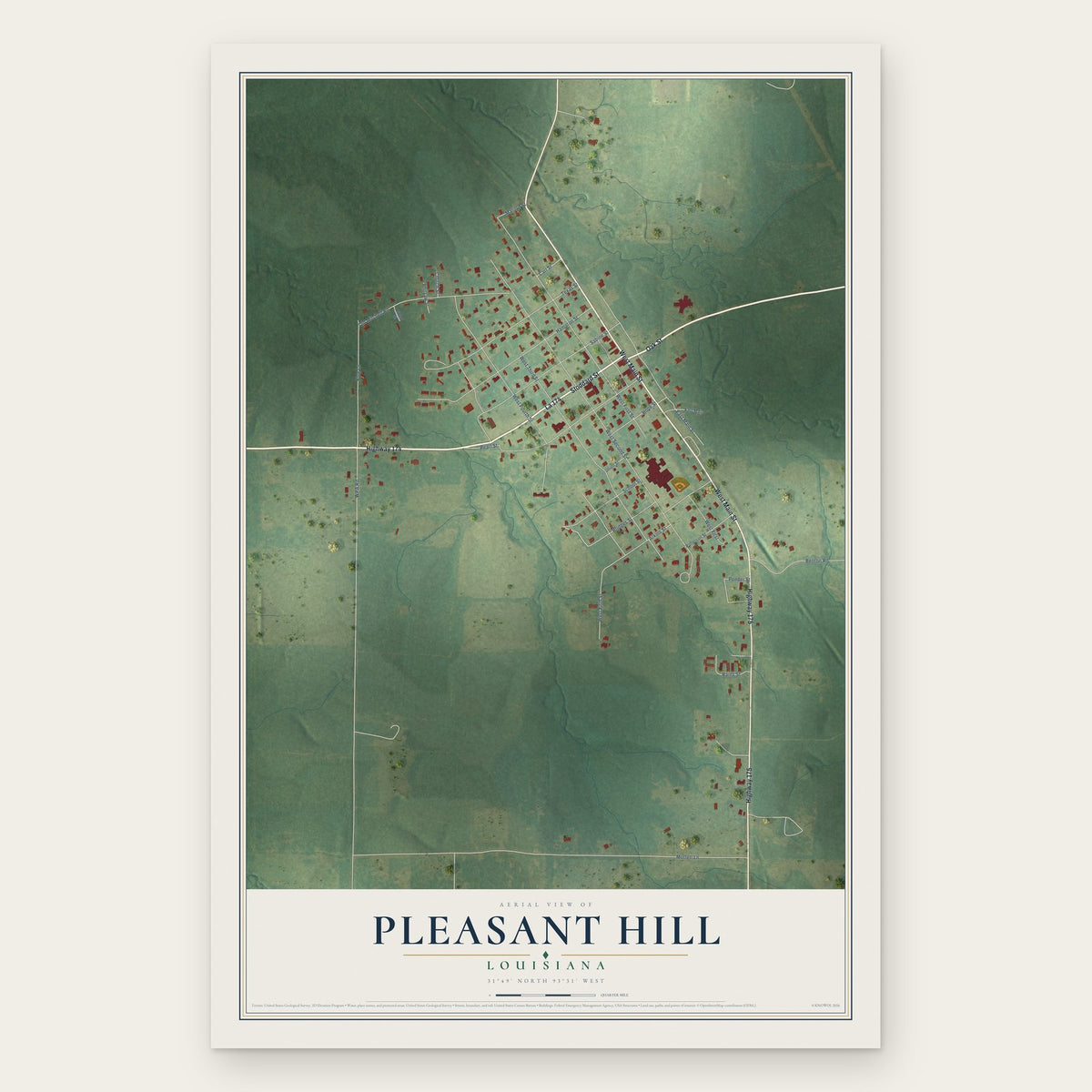 Pleasant Hill, Louisiana map print, the full design