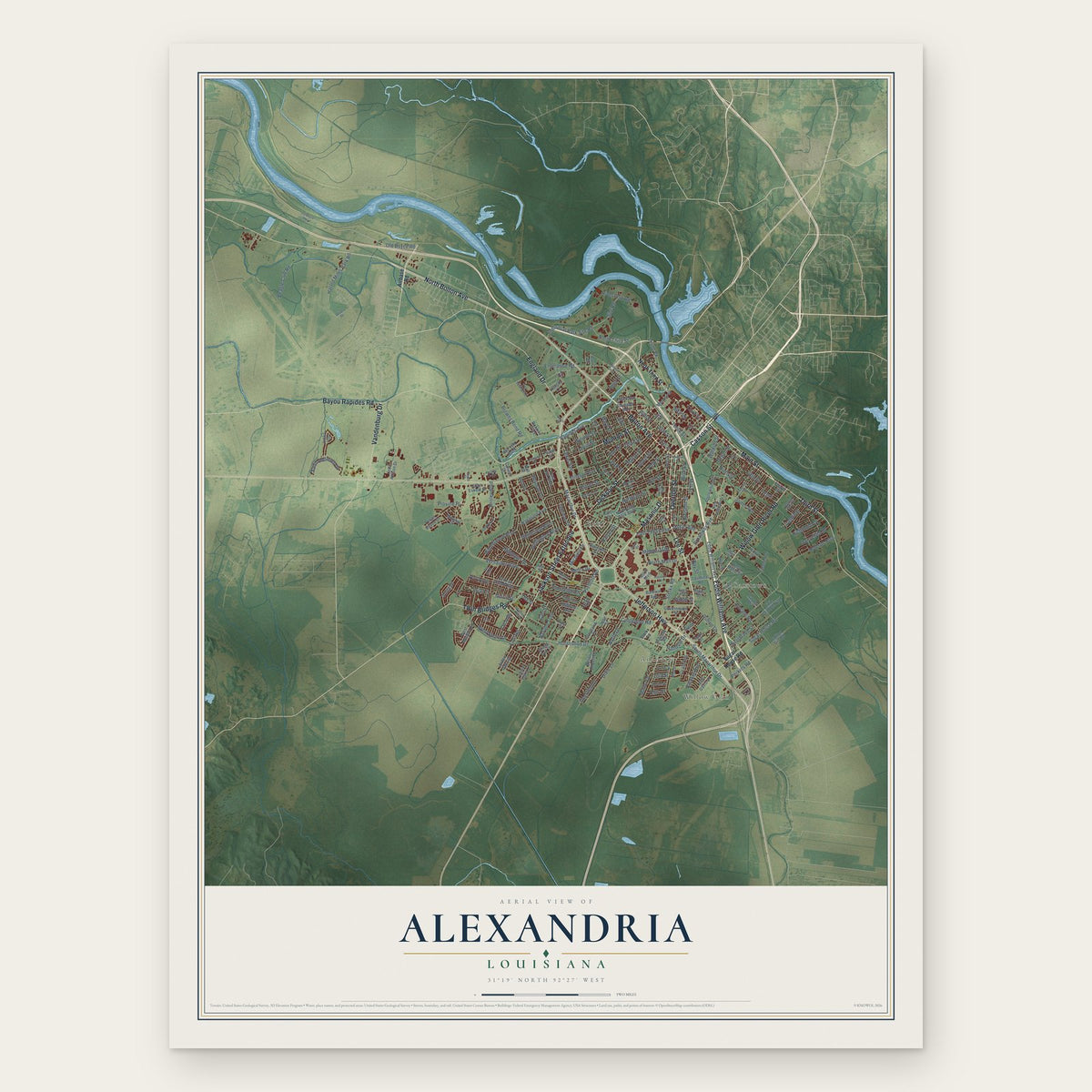 Alexandria, Louisiana map print, the full design