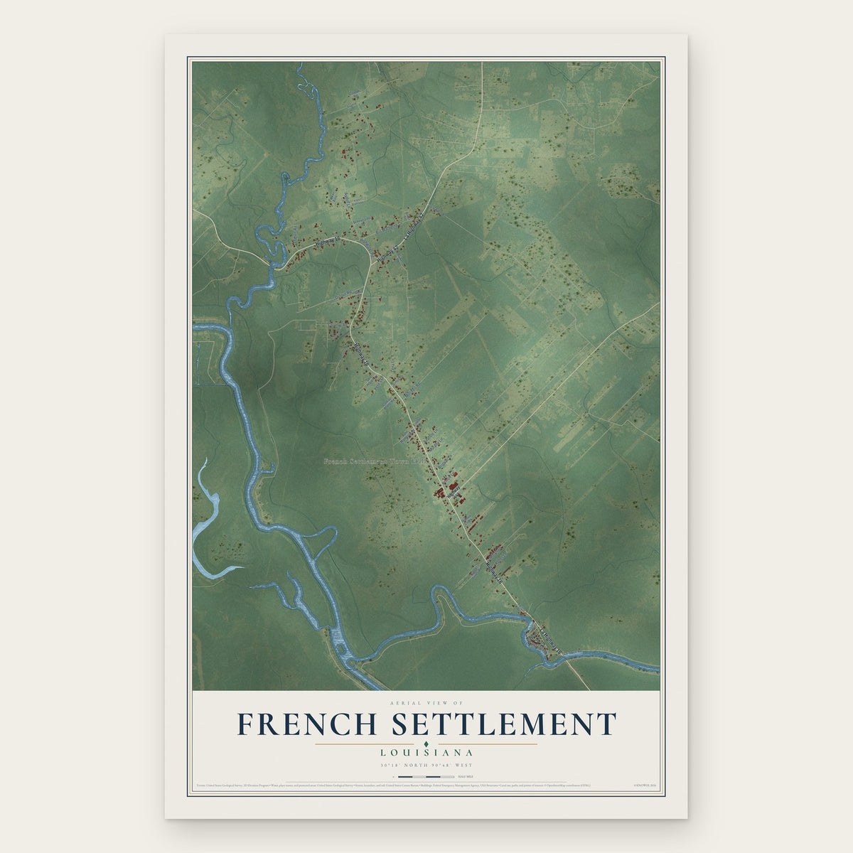 French Settlement, Louisiana map print, the full design