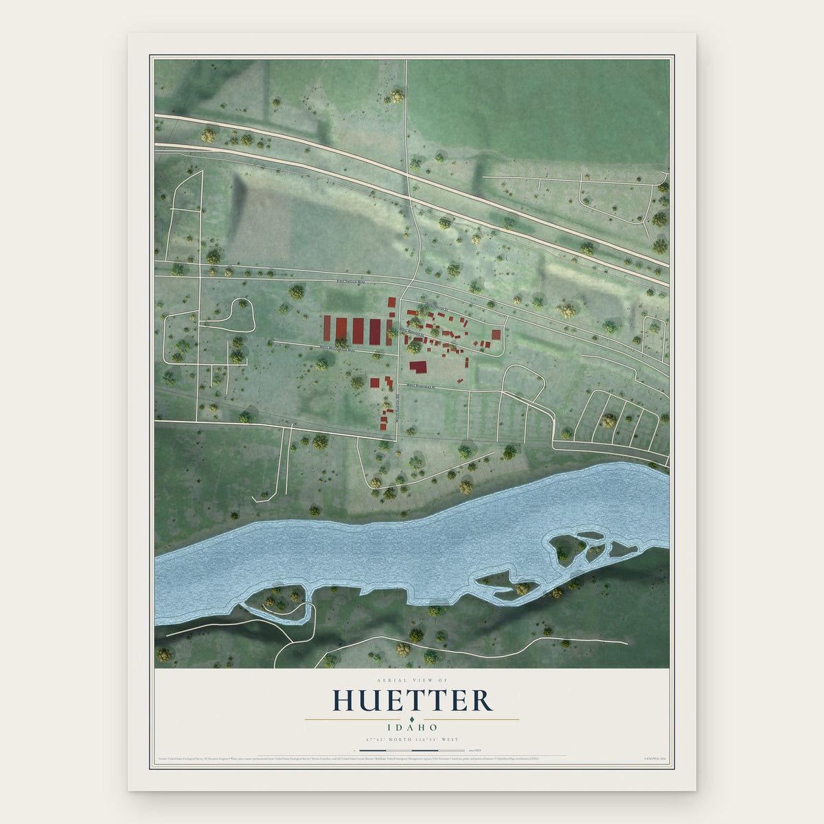 Huetter, Idaho map print, the full design