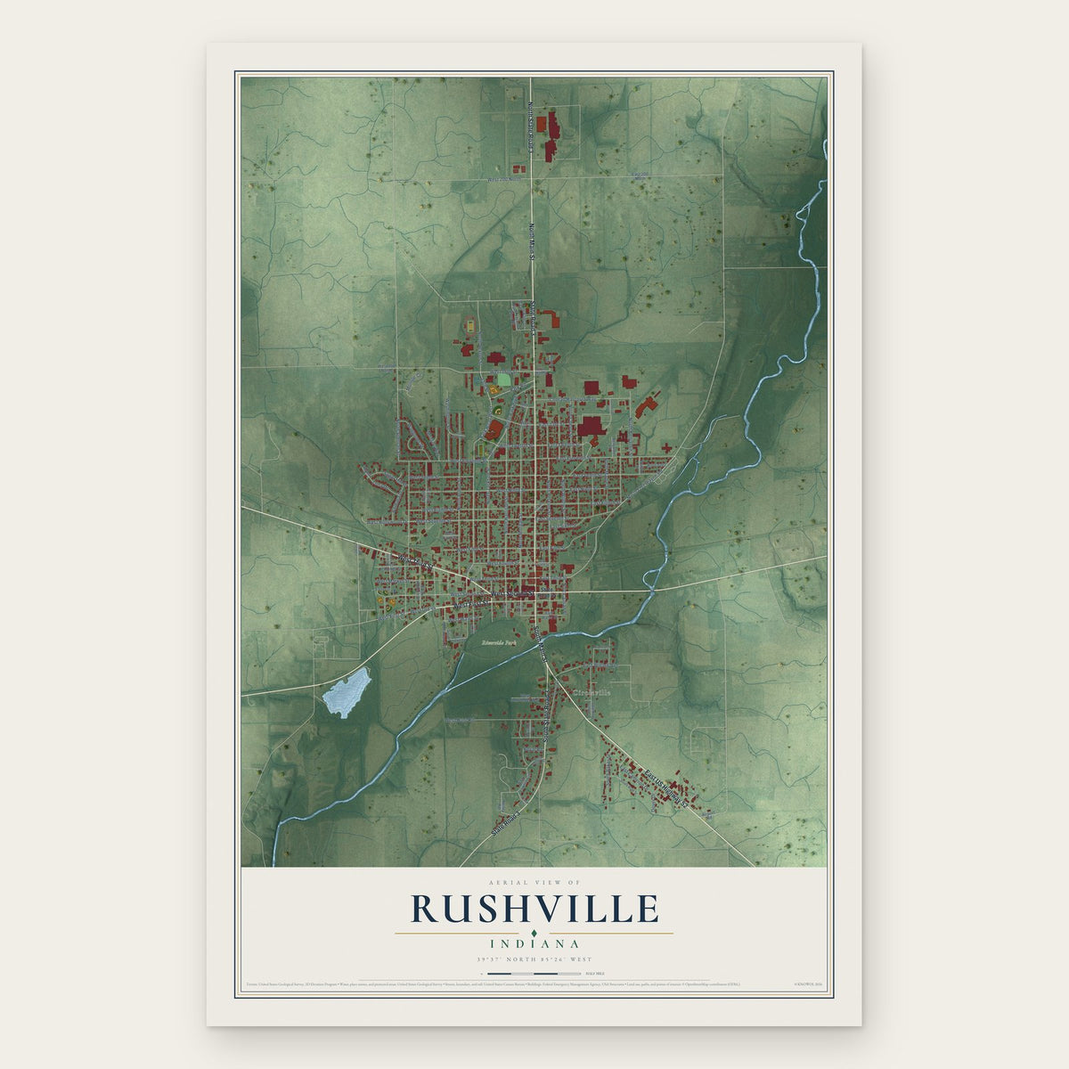 Rushville, Indiana map print, the full design