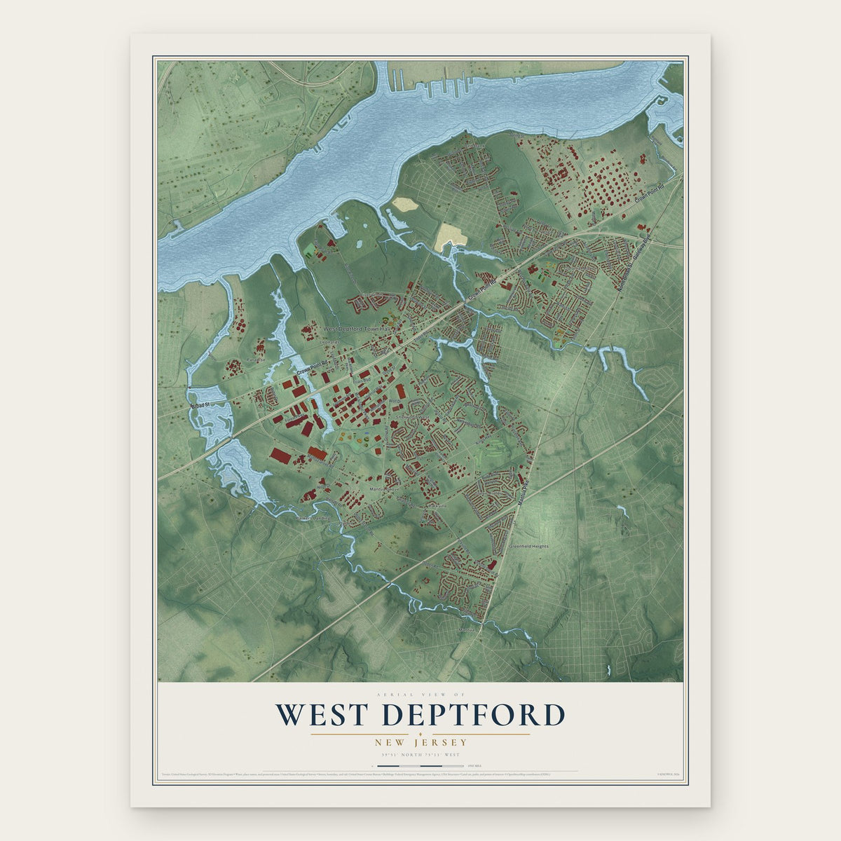 West Deptford, New Jersey map print, the full design