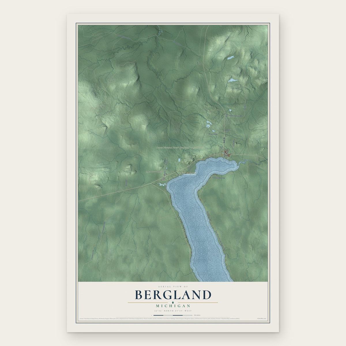 Bergland, Michigan map print, the full design