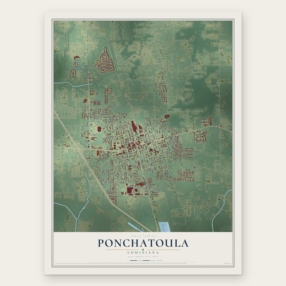 Ponchatoula, Louisiana map print, the full design