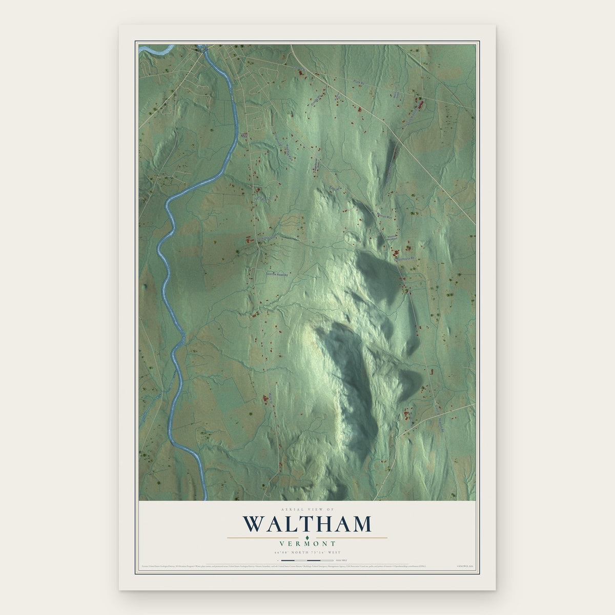 Waltham, Vermont map print, the full design