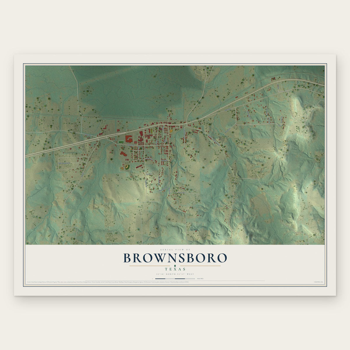 Brownsboro, Texas map print, the full design
