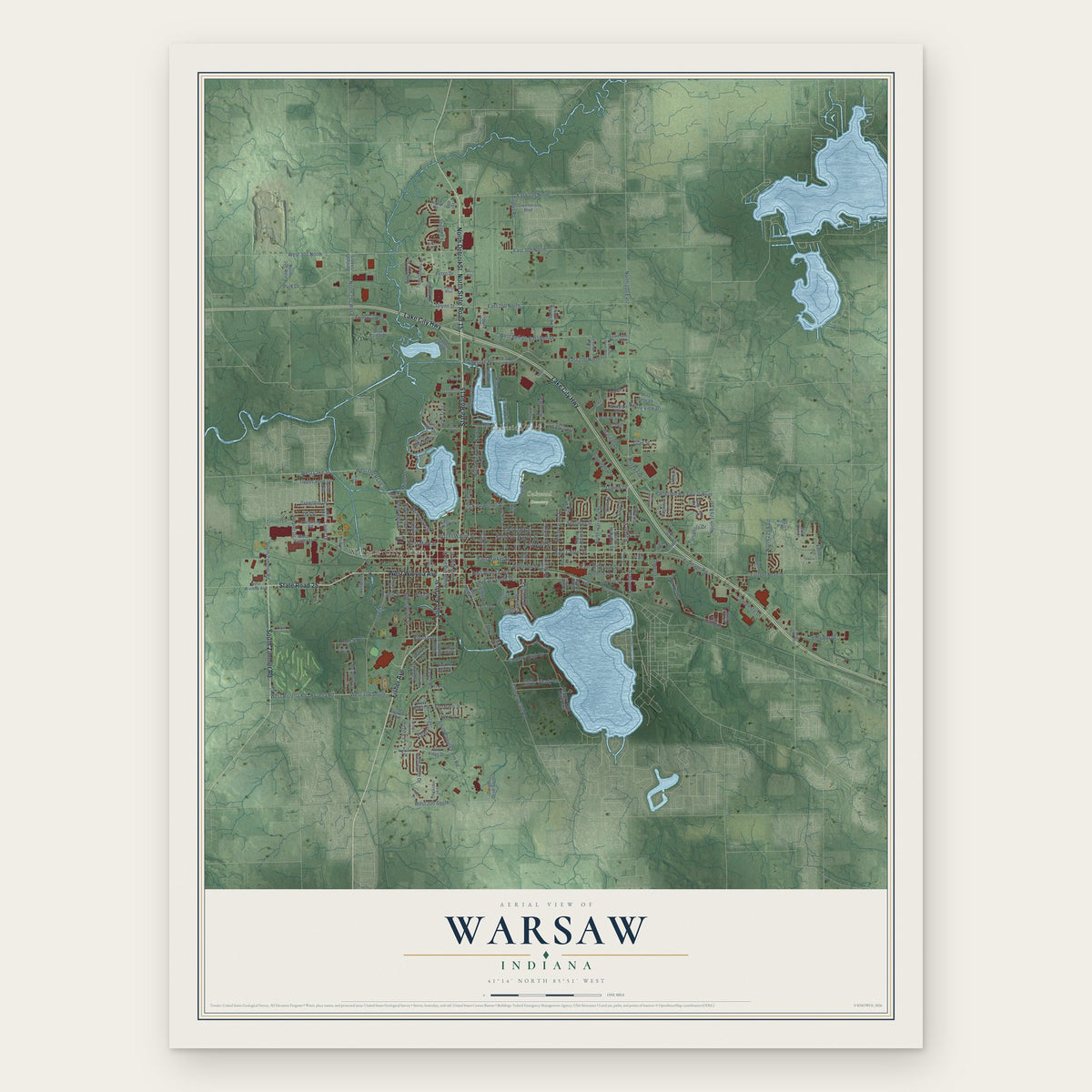 Warsaw, Indiana map print, the full design