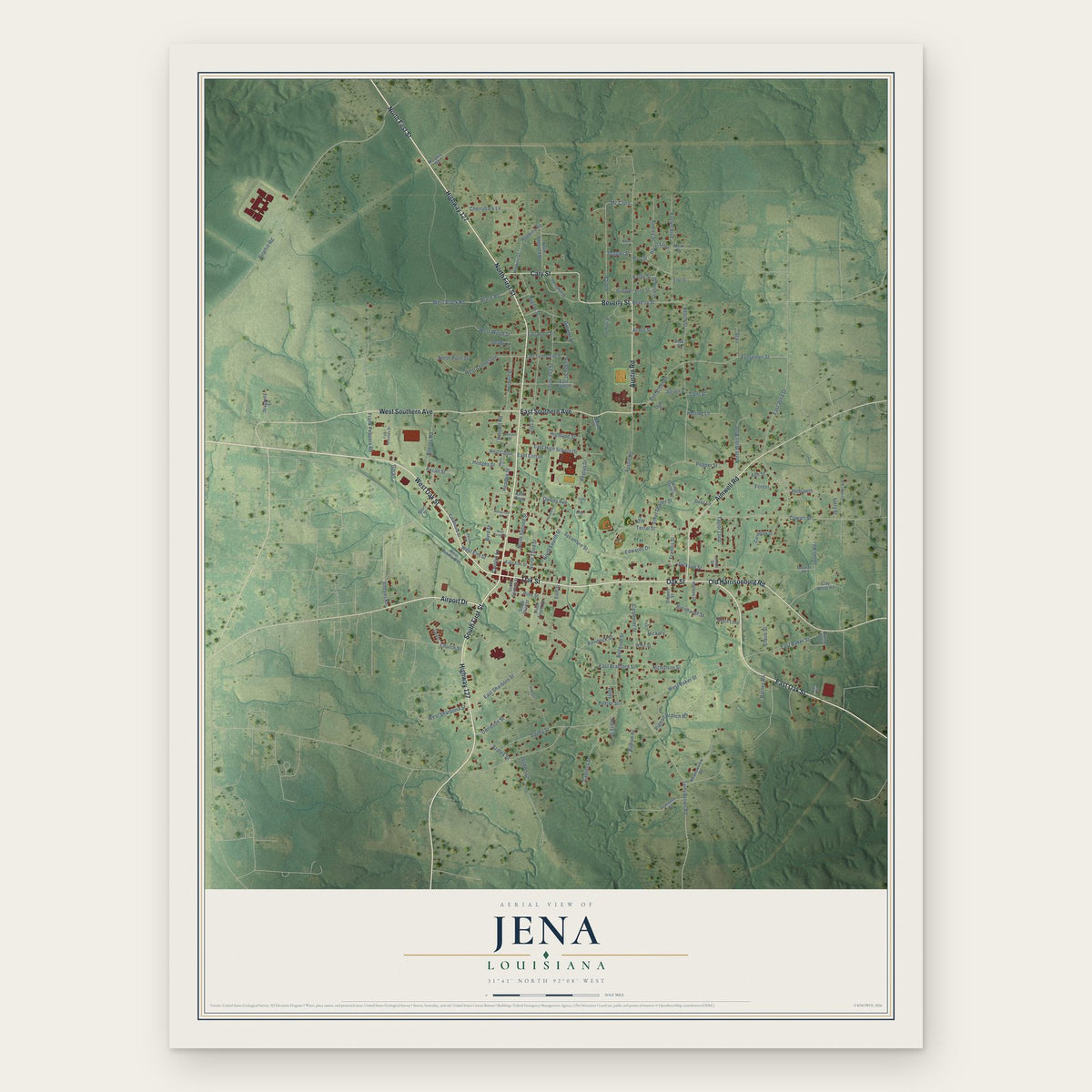 Jena, Louisiana map print, the full design