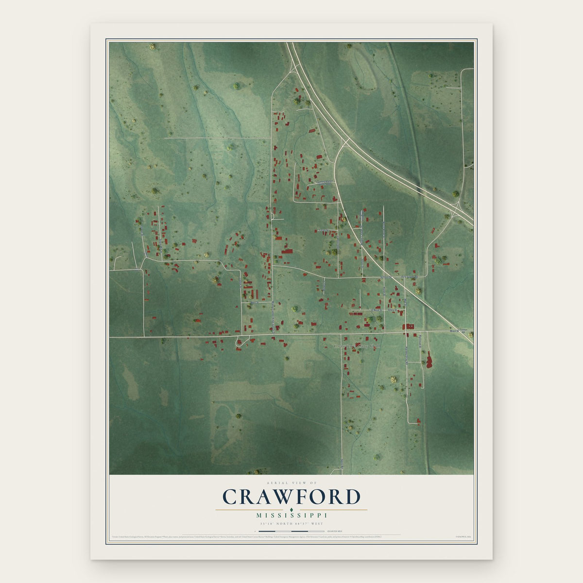 Crawford, Mississippi map print, the full design