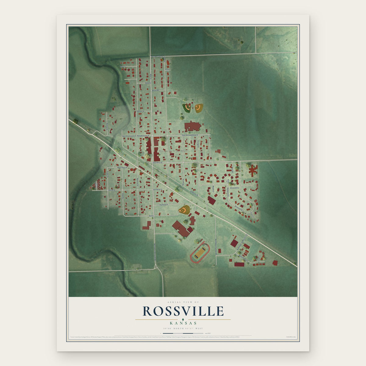 Rossville, Kansas map print, the full design