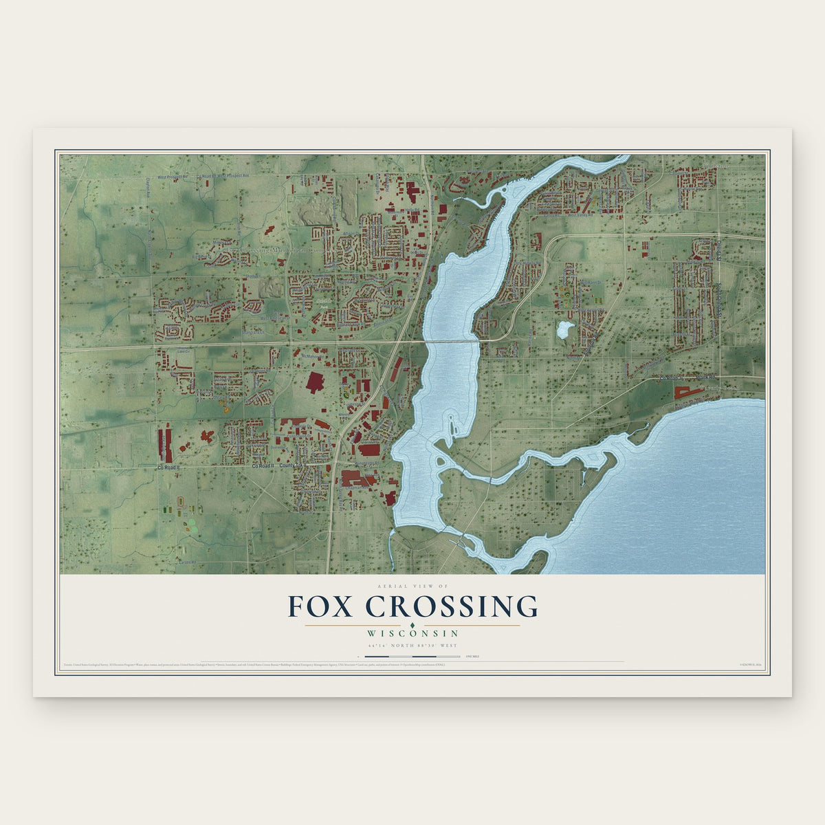 Fox Crossing, Wisconsin map print, the full design