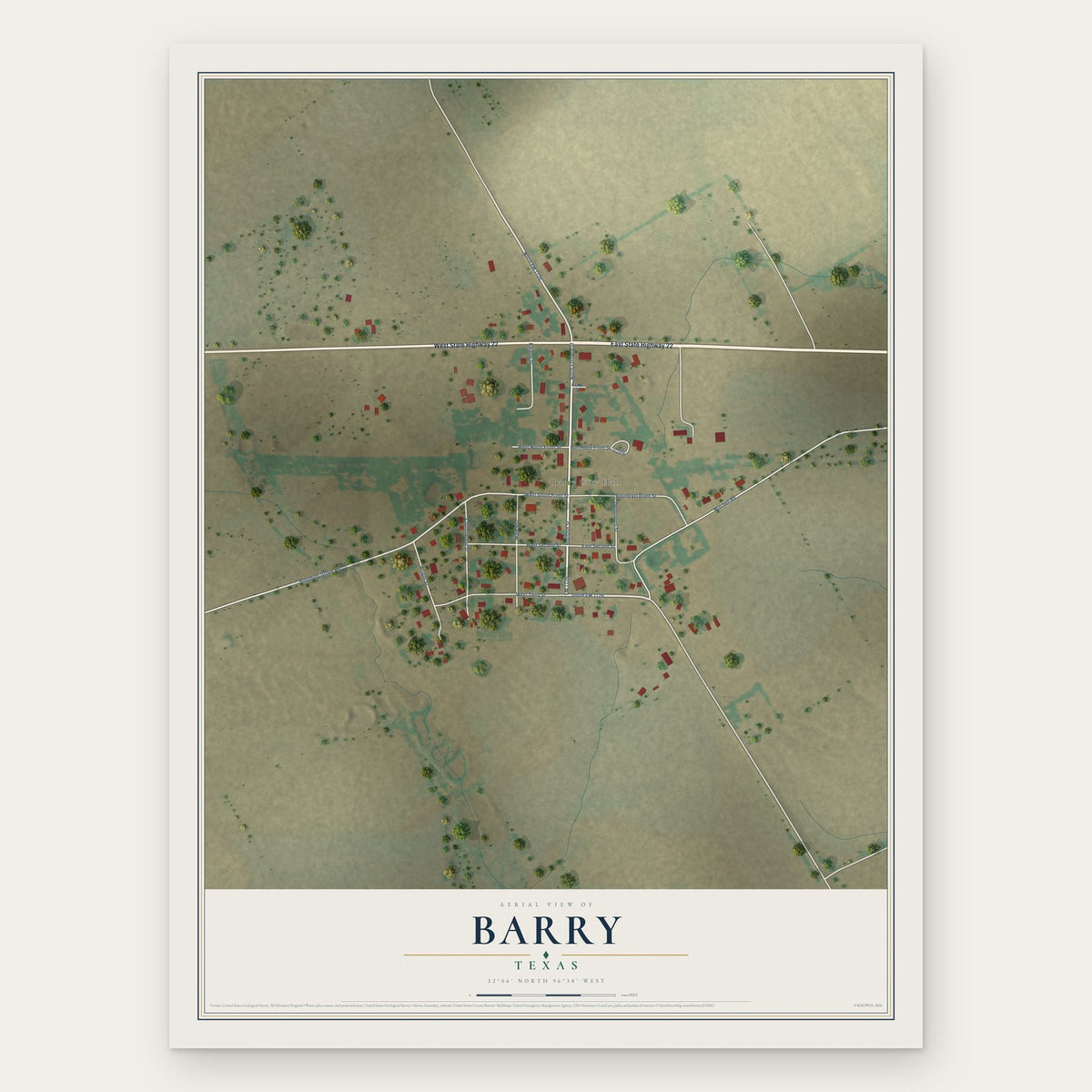 Barry, Texas map print, the full design