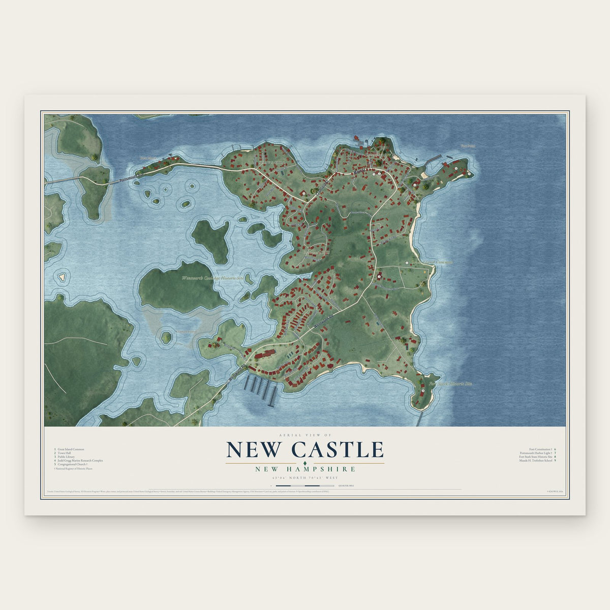 New Castle, New Hampshire map print, the full design
