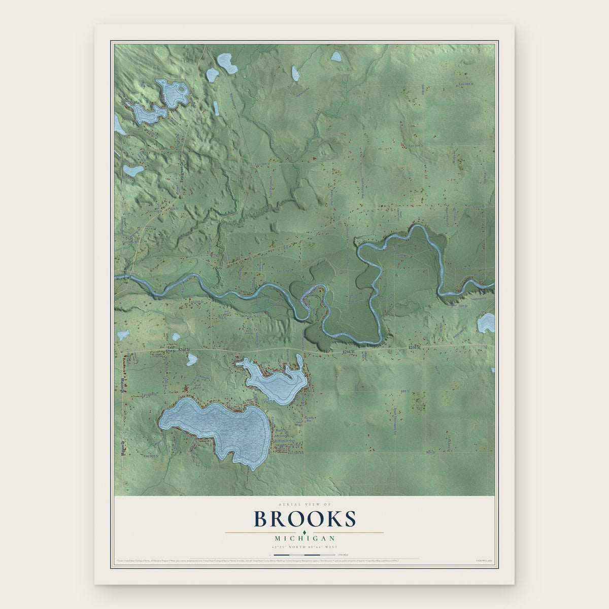 Brooks, Michigan map print, the full design