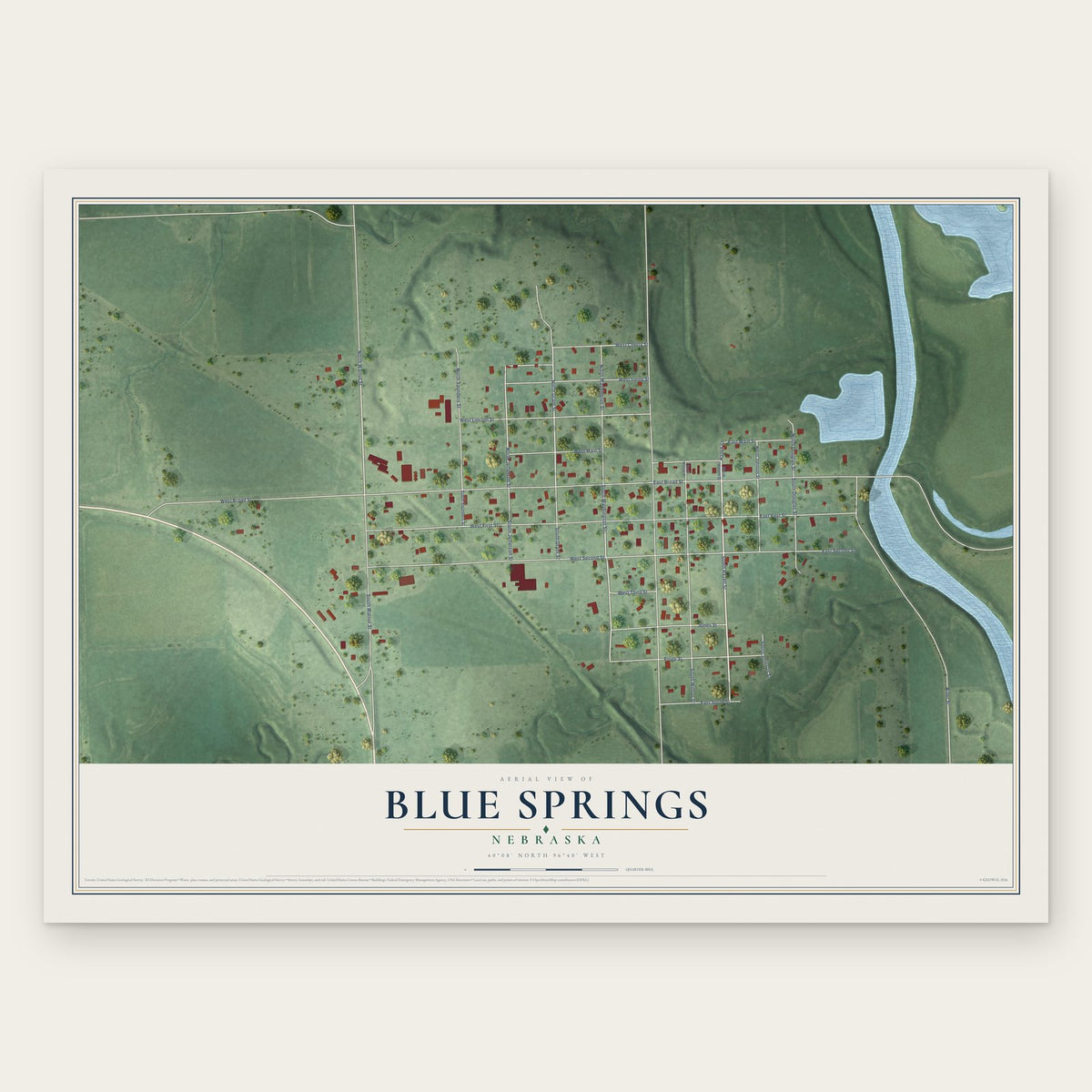 Blue Springs, Nebraska map print, the full design