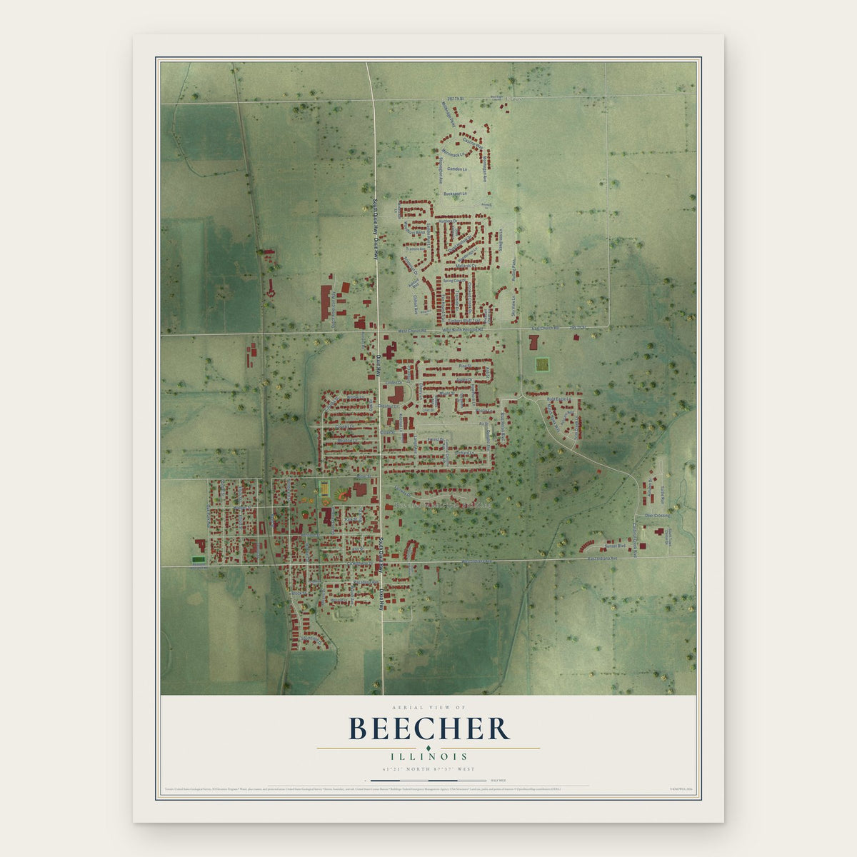 Beecher, Illinois map print, the full design