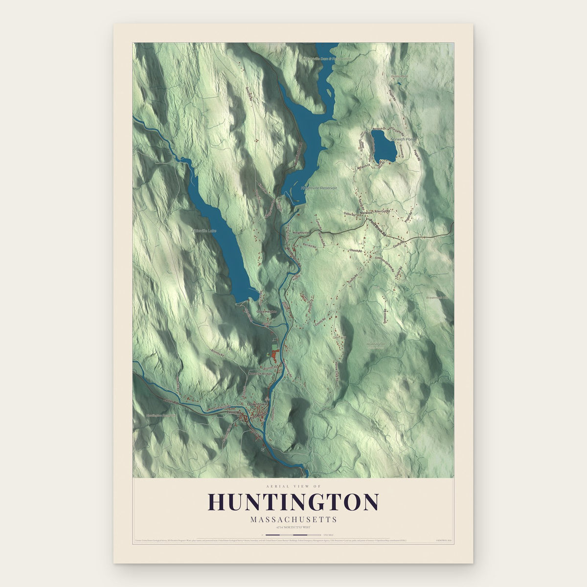 Huntington, Massachusetts map print, the full design