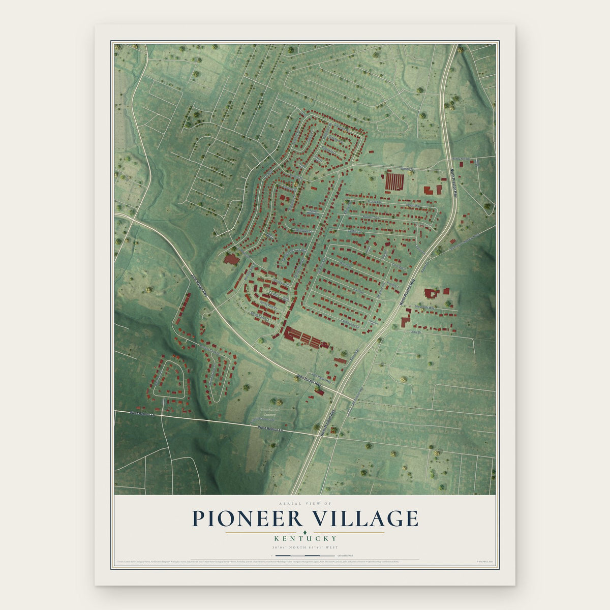 Pioneer Village, Kentucky map print, the full design
