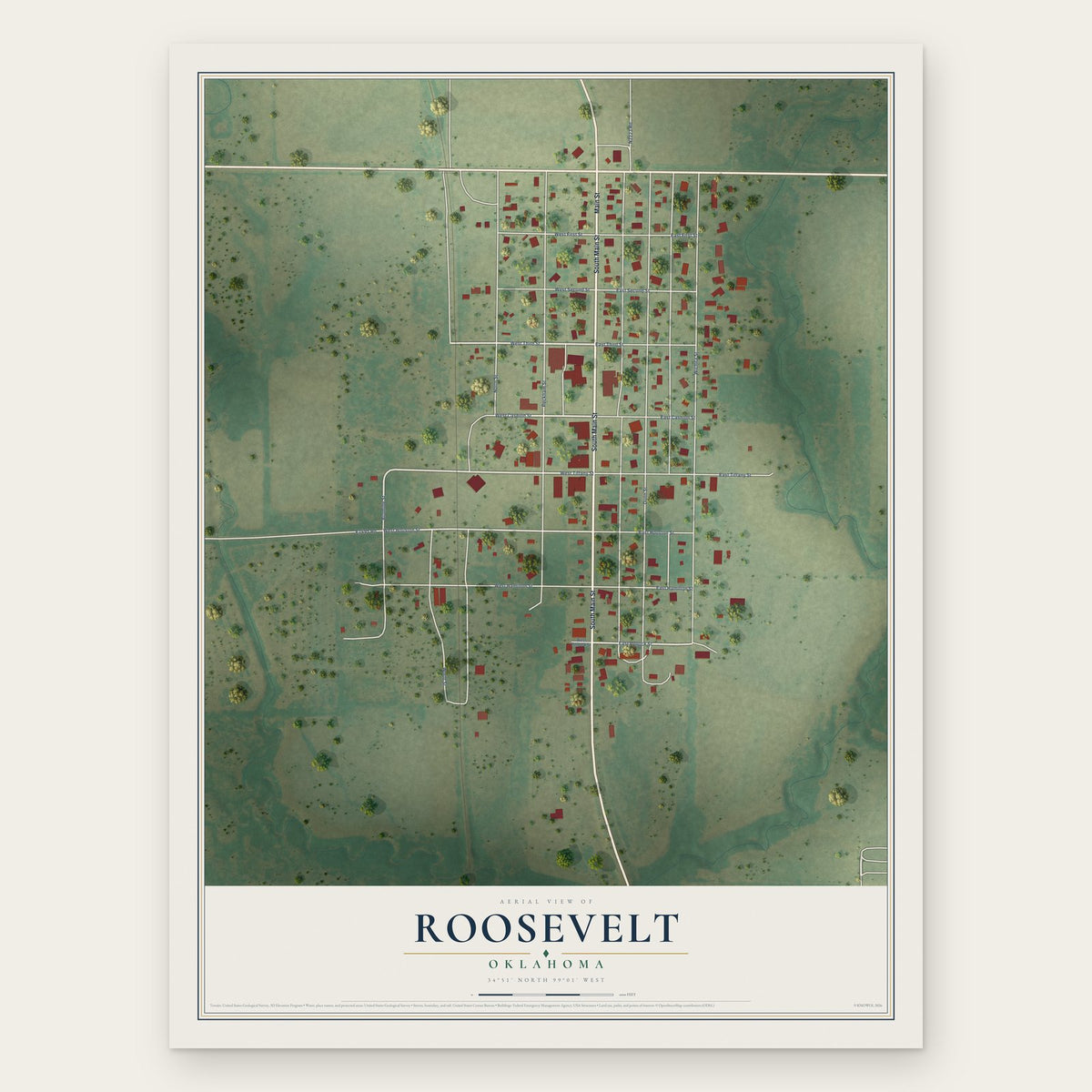 Roosevelt, Oklahoma map print, the full design